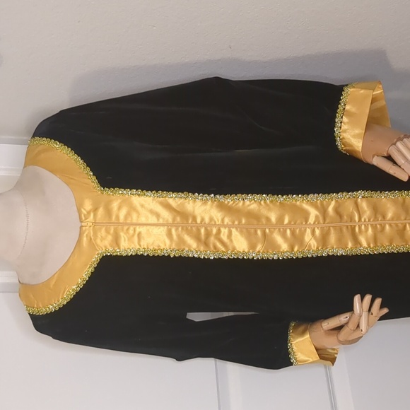 Vintage Serengeti Black Velvet Maxi Robe Kaftan Gold Satin Trim SZ. S Oversized - Picture 3 of 15
